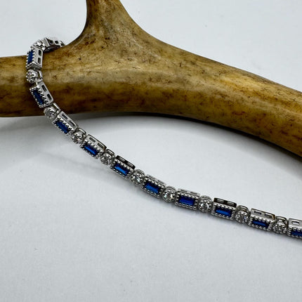 Vintage Blue Sapphire and Cubic Zirconia Crystal Bracelet – 925 Sterling Silver Minimalist Stacking Everyday Jewelry