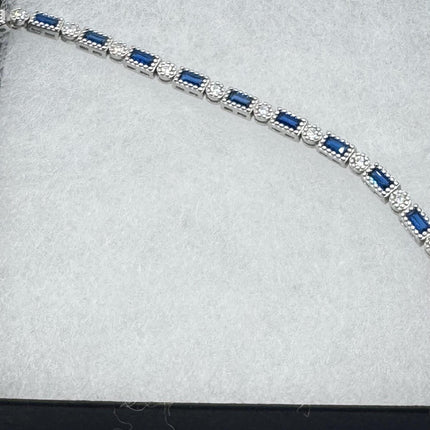 Vintage Blue Sapphire and Cubic Zirconia Crystal Bracelet – 925 Sterling Silver Minimalist Stacking Everyday Jewelry