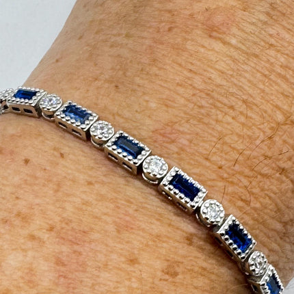 Vintage Blue Sapphire and Cubic Zirconia Crystal Bracelet – 925 Sterling Silver Minimalist Stacking Everyday Jewelry