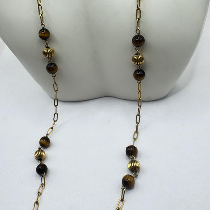 Vintage Tiny Gold Charm Necklace |Tigers Eye Gemstone Dainty Gold Filled Chain Necklace