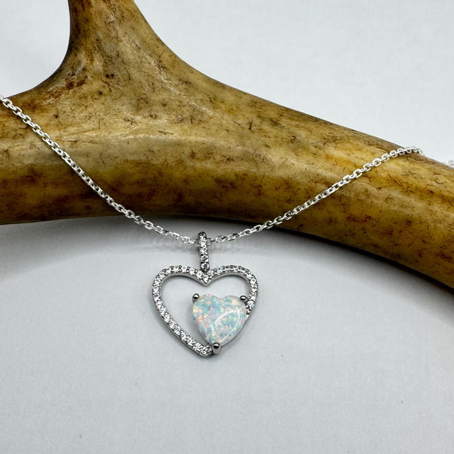 Vintage Opal Heart Necklace - Dainty 925 Sterling Silver Chain, stacking layered