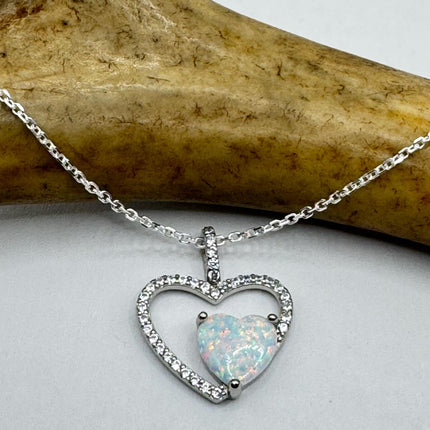 Vintage Opal Heart Necklace - Dainty 925 Sterling Silver Chain, stacking layered
