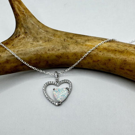 Vintage Opal Heart Necklace - Dainty 925 Sterling Silver Chain, stacking layered