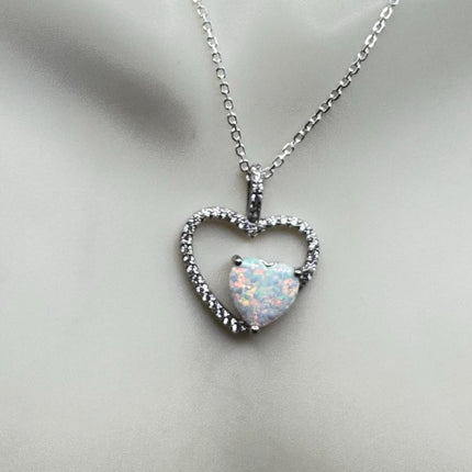 Vintage Opal Heart Necklace - Dainty 925 Sterling Silver Chain, stacking layered