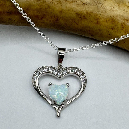 Vintage Opal Heart Necklace - Dainty 925 Sterling Silver Chain, stacking layered