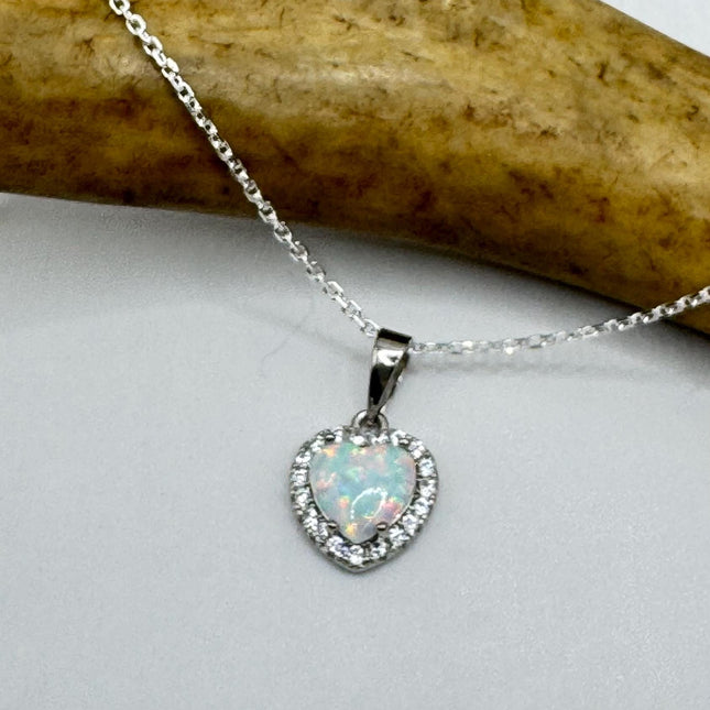 Vintage Opal Heart Necklace - Dainty 925 Sterling Silver Chain, stacking layered
