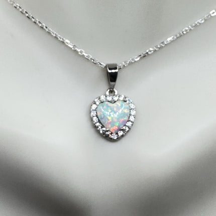 Vintage Opal Heart Necklace - Dainty 925 Sterling Silver Chain, stacking layered