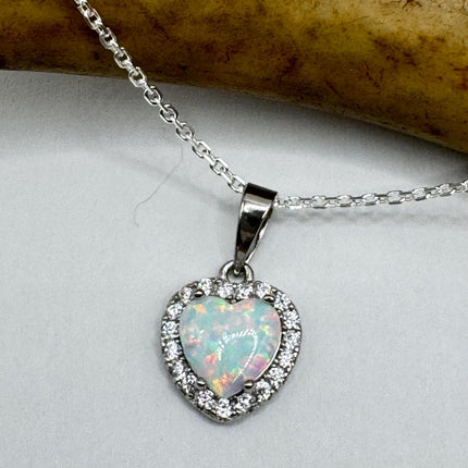 Vintage Opal Heart Necklace - Dainty 925 Sterling Silver Chain, stacking layered