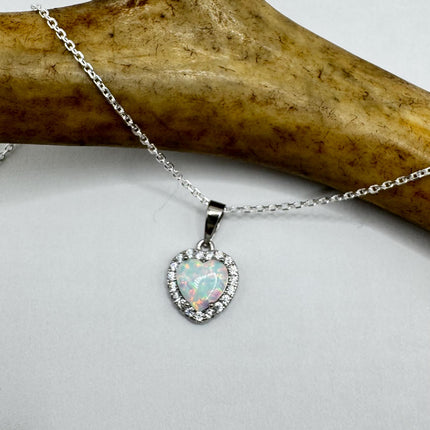 Vintage Opal Heart Necklace - Dainty 925 Sterling Silver Chain, stacking layered