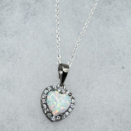 Vintage Opal Heart Necklace - Dainty 925 Sterling Silver Chain, stacking layered