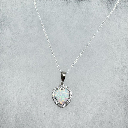 Vintage Opal Heart Necklace - Dainty 925 Sterling Silver Chain, stacking layered
