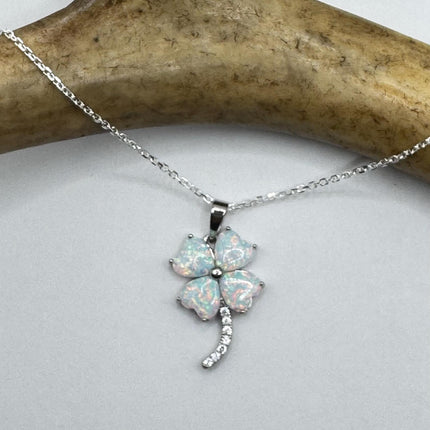 Vintage Opal Heart 4 Leaf Clover Necklace - Dainty 925 Sterling Silver Chain, stacking layered