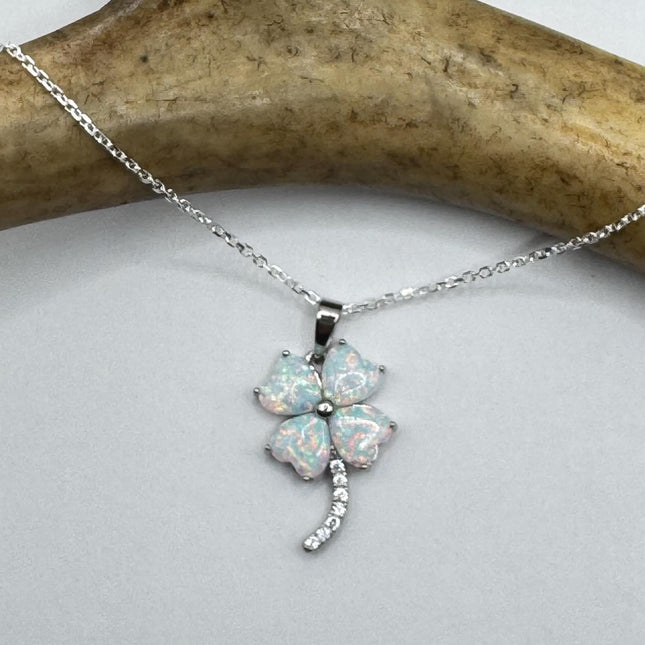 Vintage Opal Heart 4 Leaf Clover Necklace - Dainty 925 Sterling Silver Chain, stacking layered