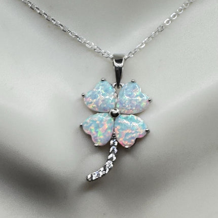 Vintage Opal Heart 4 Leaf Clover Necklace - Dainty 925 Sterling Silver Chain, stacking layered