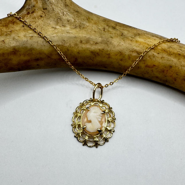 Vintage Cameo Gold Pendant Necklace with Minimal Design and Delicate Gold Chain 12k GF Love Jewelry