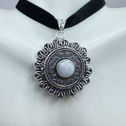 Vintage Poison Pillbox Velvet Choker Photo Locket - Silver Rainbow Moonstone White Bronze, Antique Design Necklace