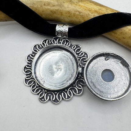 Vintage Poison Pillbox Velvet Choker Photo Locket - Silver Rainbow Moonstone White Bronze, Antique Design Necklace