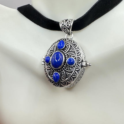 Vintage Pendant Ribbon Choker | Poison Pillbox Blue Lapis Lazuli Gemstone Crystal | Silver Bronze Pendant Velvet Choker Necklace