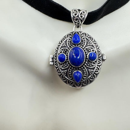Vintage Pendant Ribbon Choker | Poison Pillbox Blue Lapis Lazuli Gemstone Crystal | Silver Bronze Pendant Velvet Choker Necklace