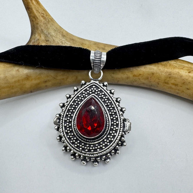 Vintage Poison Pillbox Velvet Choker Photo Locket - Silver, White Bronze, Red Ruby Glass Antique Design Necklace