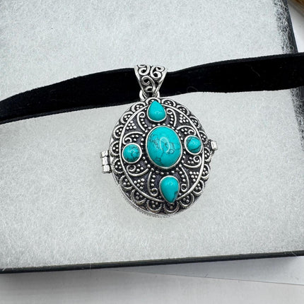 Vintage Pendant Ribbon Choker Poison Pillbox Blue Turquoise Howlite Crystal