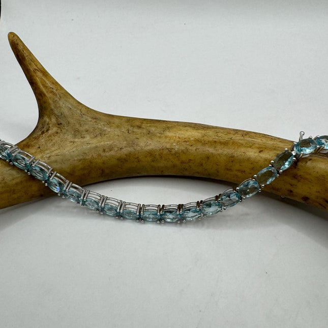 Vintage Silver Tennis Bracelet | Blue Topaz Gemstone Tiny Crystal Birthstone 925 Sterling Silver Box Bracelet | Something Blue