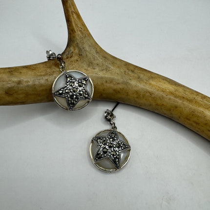 Vintage White mother of Pearl Silver Marcasite Earrings Black Onyx Deco | 925 Sterling Silver pentagram star Earrings | Minimalist Everyday