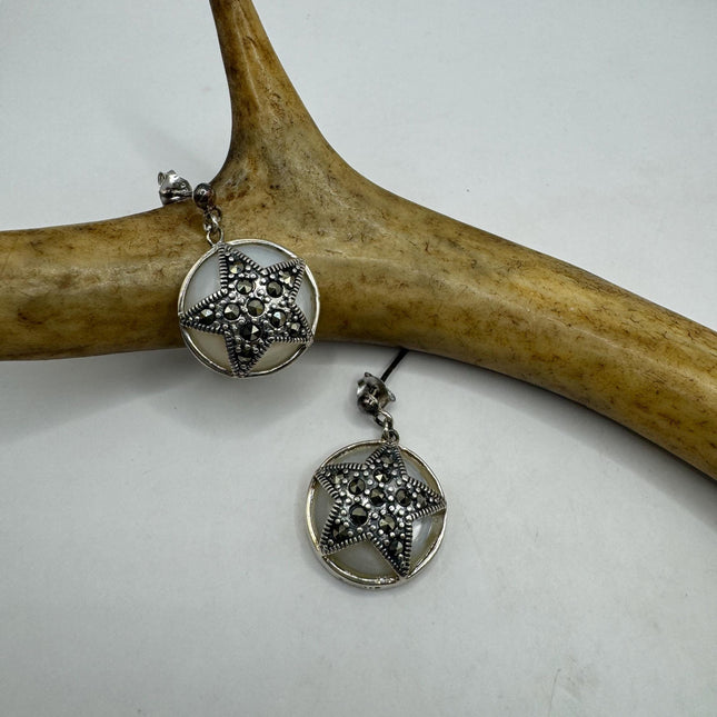 Vintage White mother of Pearl Silver Marcasite Earrings Black Onyx Deco | 925 Sterling Silver pentagram star Earrings | Minimalist Everyday