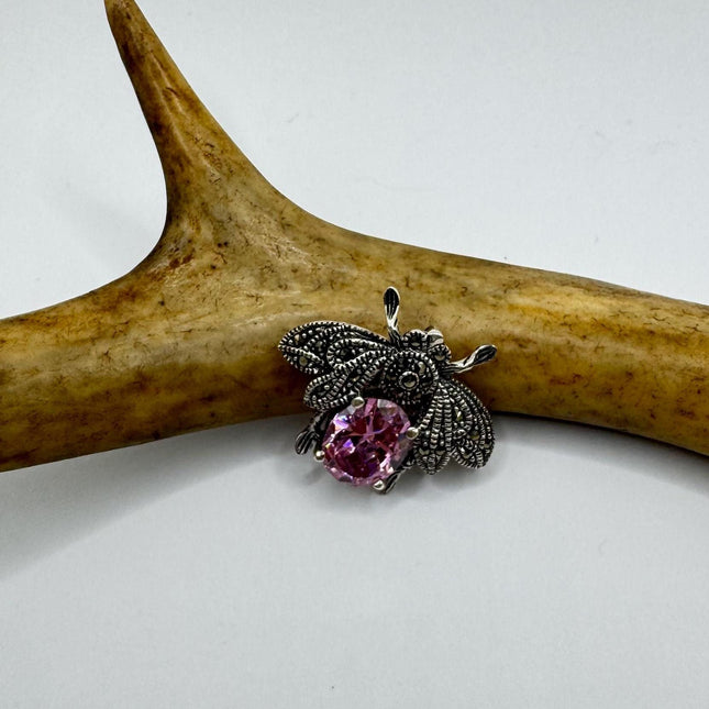 Vintage Pink Bee Scatter Pin 925 Sterling Silver Marcasite Brooch