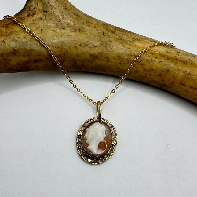 Vintage Cameo Gold Pendant Necklace with Minimal Design and Delicate Gold Chain 12k GF Love Jewelry