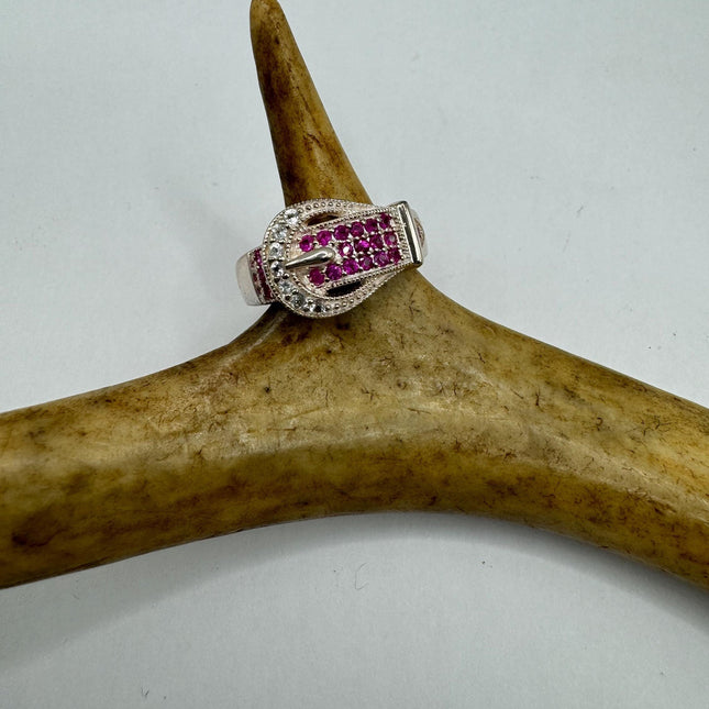 Vintage Silver Buckle Ring | Crystal Diamond Red Ruby Boho Cocktail | 925 Sterling Silver Antique Wedding Band Engagement Ring
