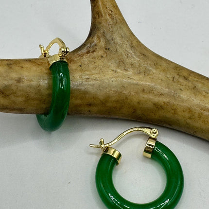 Vintage Green Jade Gold Lucky Hoop Earrings