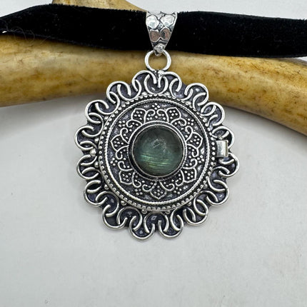Vintage silver bronze Labradorite poison pill box locket necklace Black velvet choker
