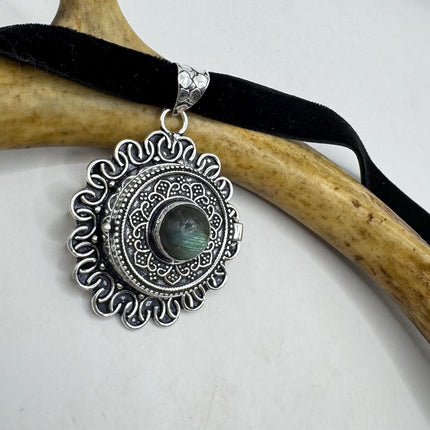 Vintage silver bronze Labradorite poison pill box locket necklace Black velvet choker
