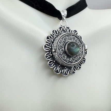 Vintage silver bronze Labradorite poison pill box locket necklace Black velvet choker