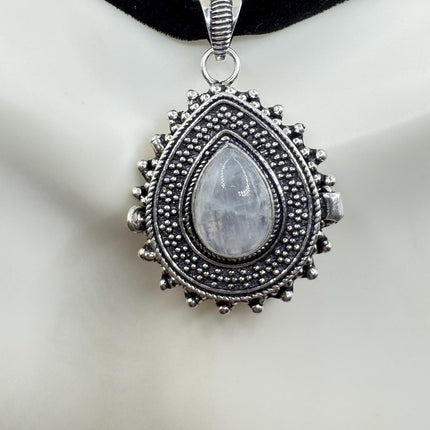 Vintage Poison Pillbox Velvet Choker Photo Locket Silver Rainbow Moonstone White Bronze Antique Design Necklace