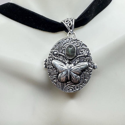Vintage silver bronze labradorite poison pill box locket necklace Black velvet choker