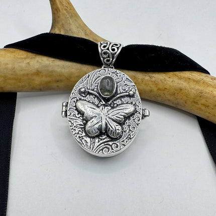 Vintage silver bronze labradorite poison pill box locket necklace Black velvet choker