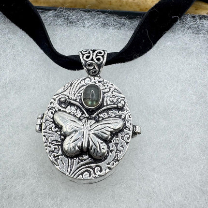 Vintage silver bronze labradorite poison pill box locket necklace Black velvet choker