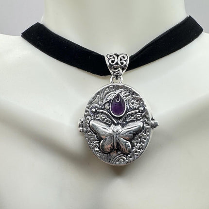 Vintage butterfly silver bronze Purple Amethyst poison pill box locket necklace Black velvet choker