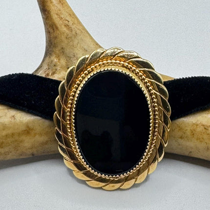 Vintage Lucky Black Onyx Brooch Pin - Gold Filled - Black Velvet Choker - Small and Simple