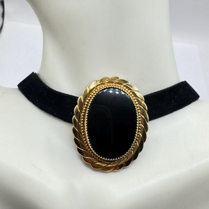 Vintage Lucky Black Onyx Brooch Pin - Gold Filled - Black Velvet Choker - Small and Simple