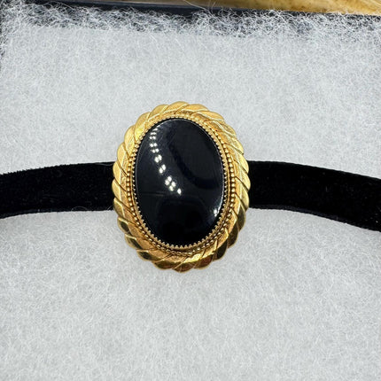 Vintage Lucky Black Onyx Brooch Pin - Gold Filled - Black Velvet Choker - Small and Simple