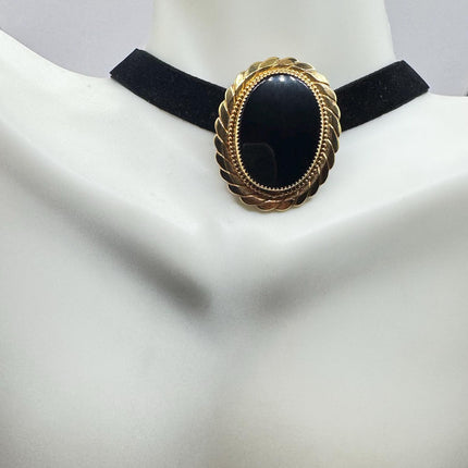 Vintage Lucky Black Onyx Brooch Pin - Gold Filled - Black Velvet Choker - Small and Simple