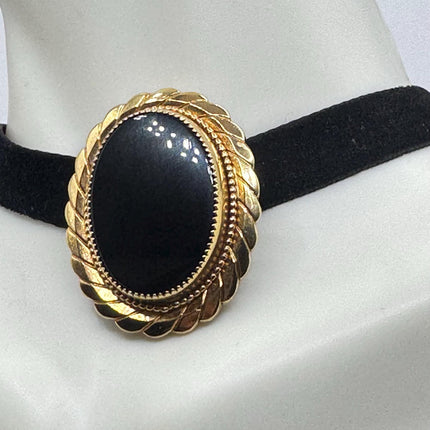 Vintage Lucky Black Onyx Brooch Pin - Gold Filled - Black Velvet Choker - Small and Simple