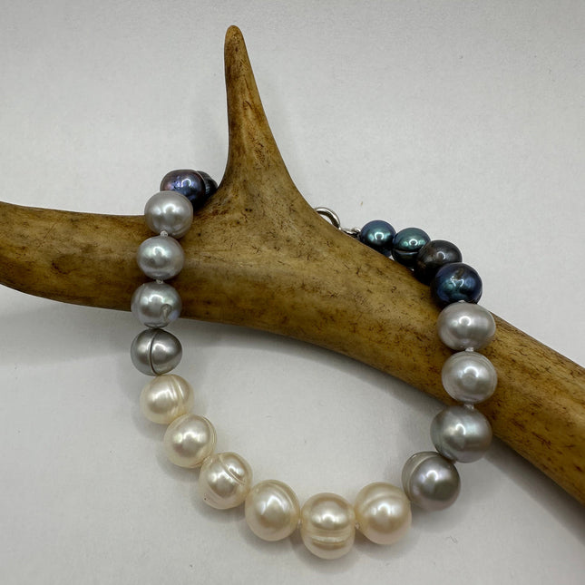 Vintage Beaded Bracelet | White Black Pearl Gemstones Hand Knotted Bracelet | 925 Sterling Silver Clasp