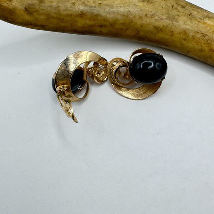 Vintage Black Onyx Gold Screw Back Clip-On Earrings 12k GF Delicate Gold Clip On Earrings