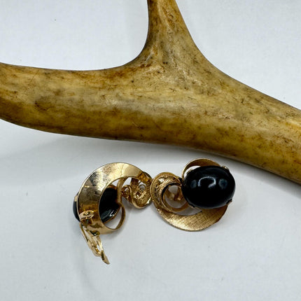 Vintage Black Onyx Gold Screw Back Clip-On Earrings 12k GF Delicate Gold Clip On Earrings