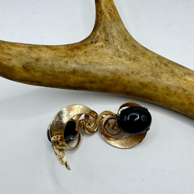 Vintage Black Onyx Gold Screw Back Clip-On Earrings 12k GF Delicate Gold Clip On Earrings