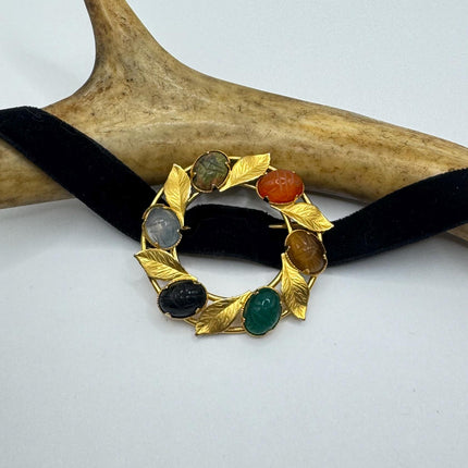 Vintage Tigers Eye Scarab Brooch Pin - 14K Gold Filled